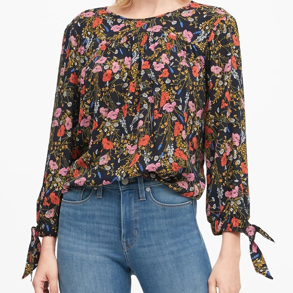 Banana Republic Puff Sleeve Swing Top Floral Print Blouse SP Small Petite